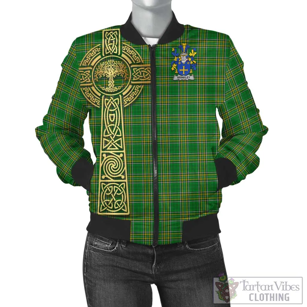 Brinkley Irish Clan Tartan Bomber Jacket with Coat of Arms Celtic Tree of Life Style