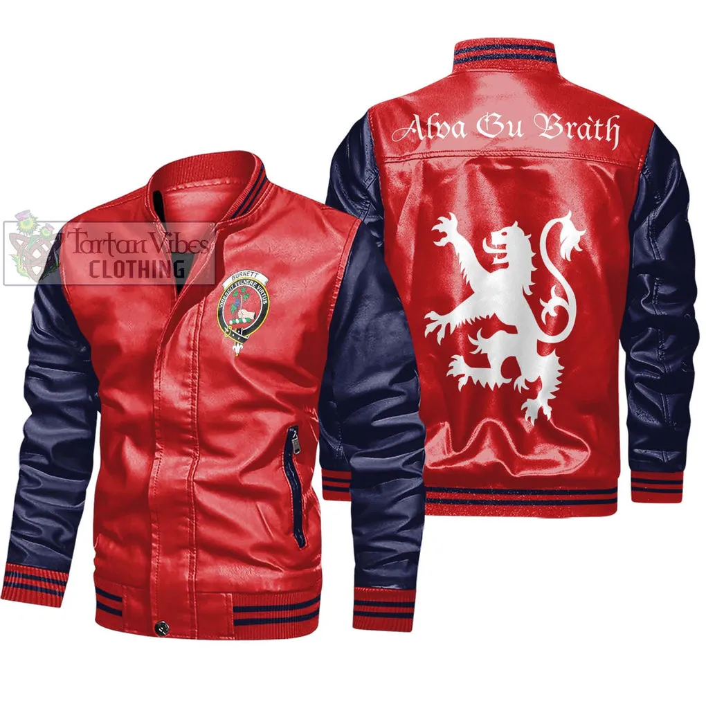 Burnett Family Crest Leather Bomber Jacket Lion Rampant Alba Gu Brath Style