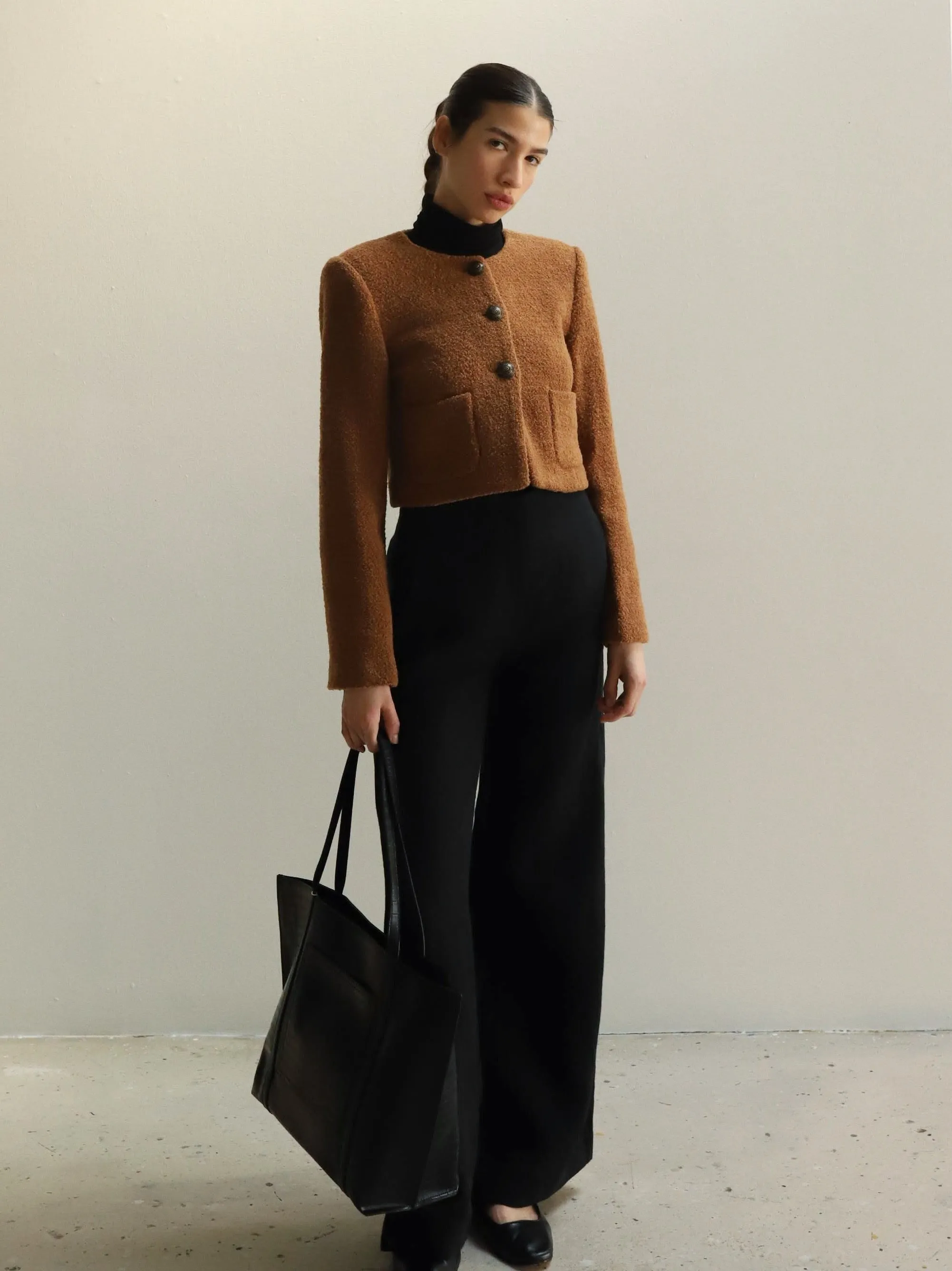 Camel Wool Boucle Cropped Jacket