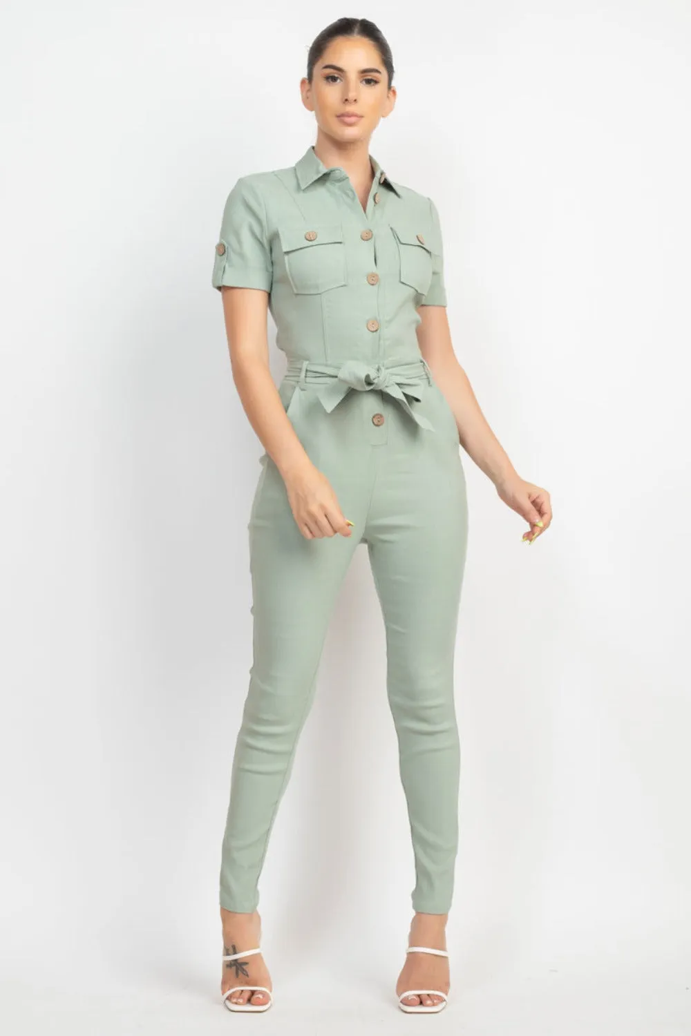 Collared Waist-tie Buttoned Jumpsuit