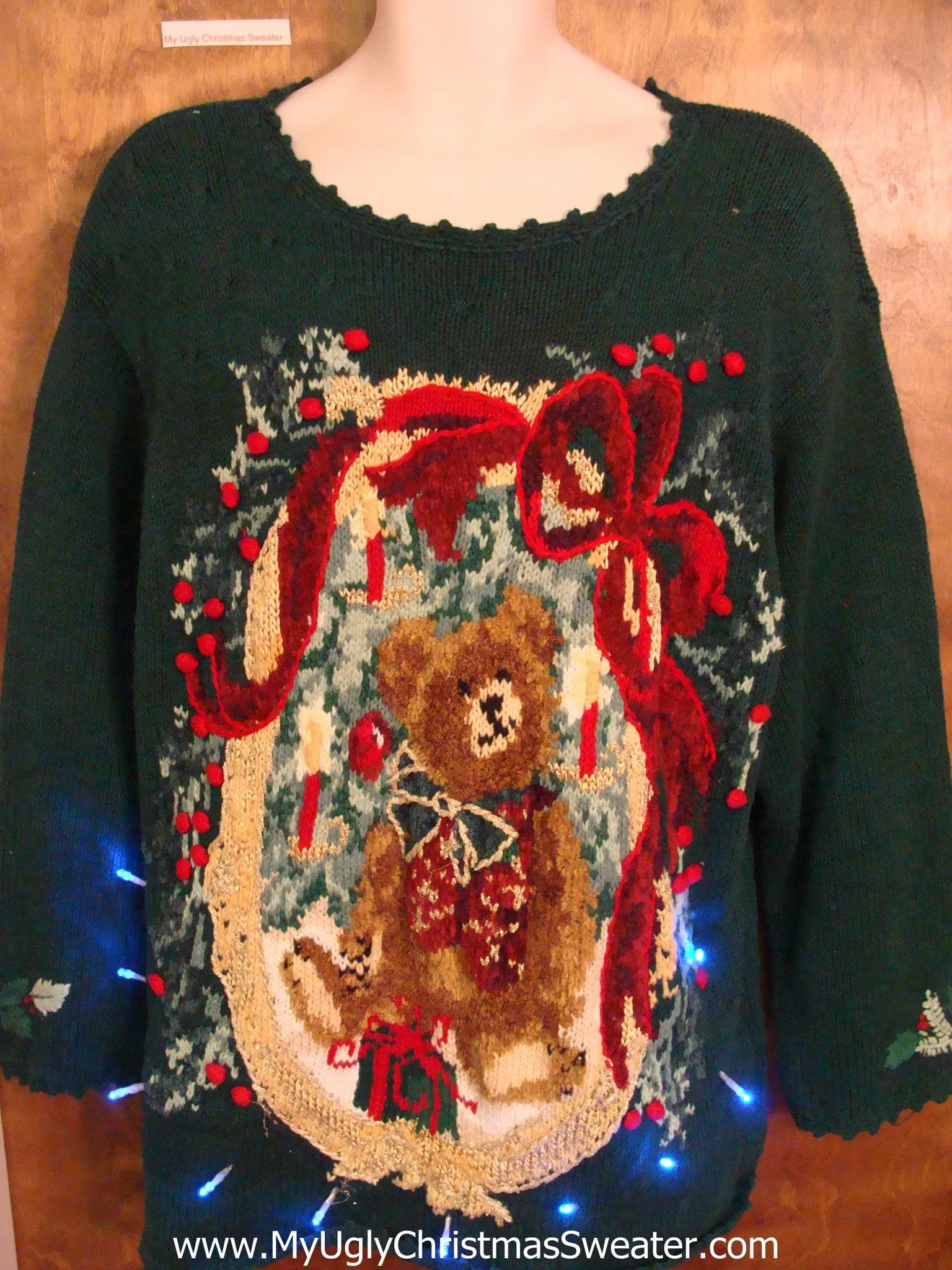 Corny Teddy Bear and Bow Light Up Ugly Xmas Sweater