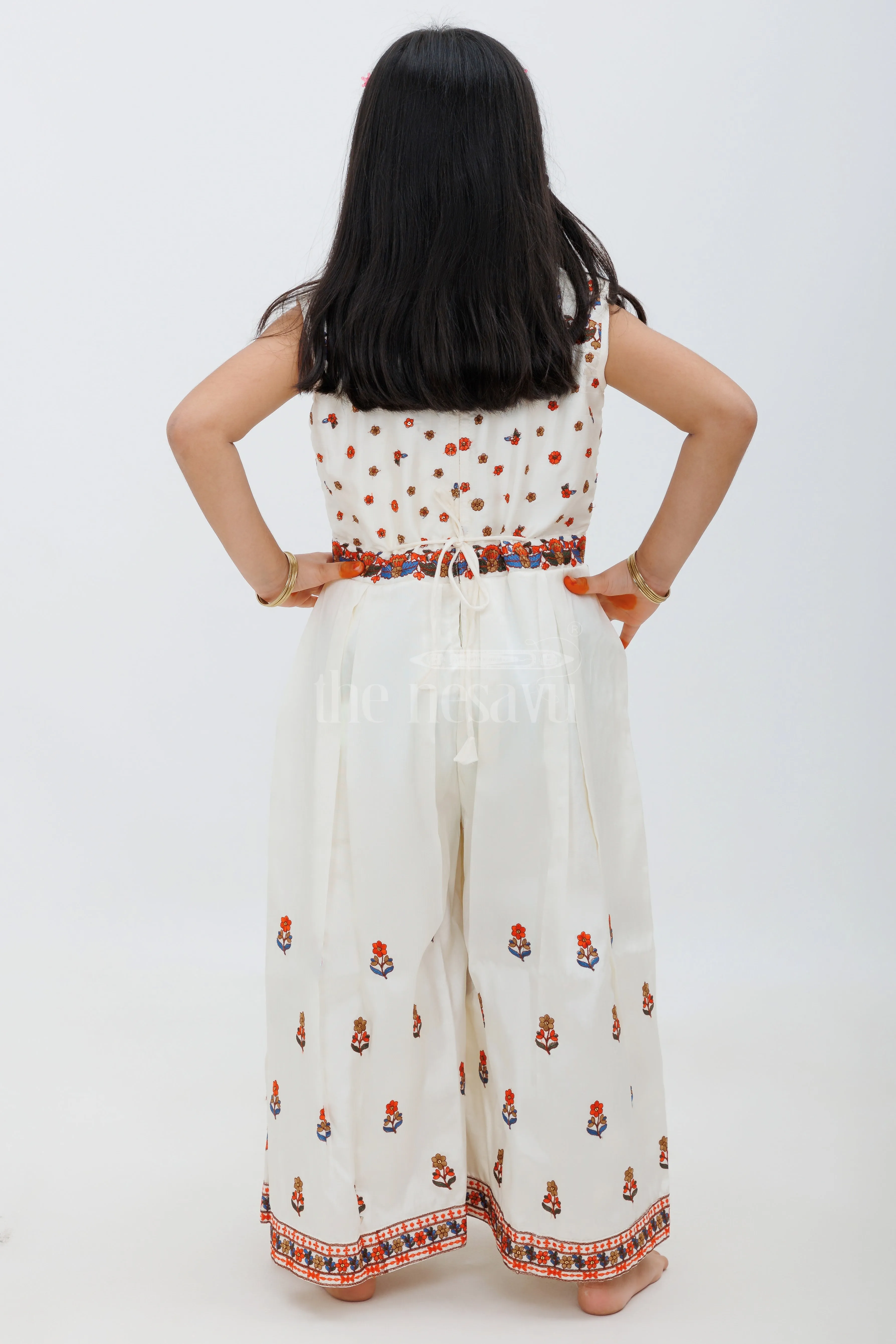 Cream Blend Silk Jumpsuit with Multicolor Embroidery