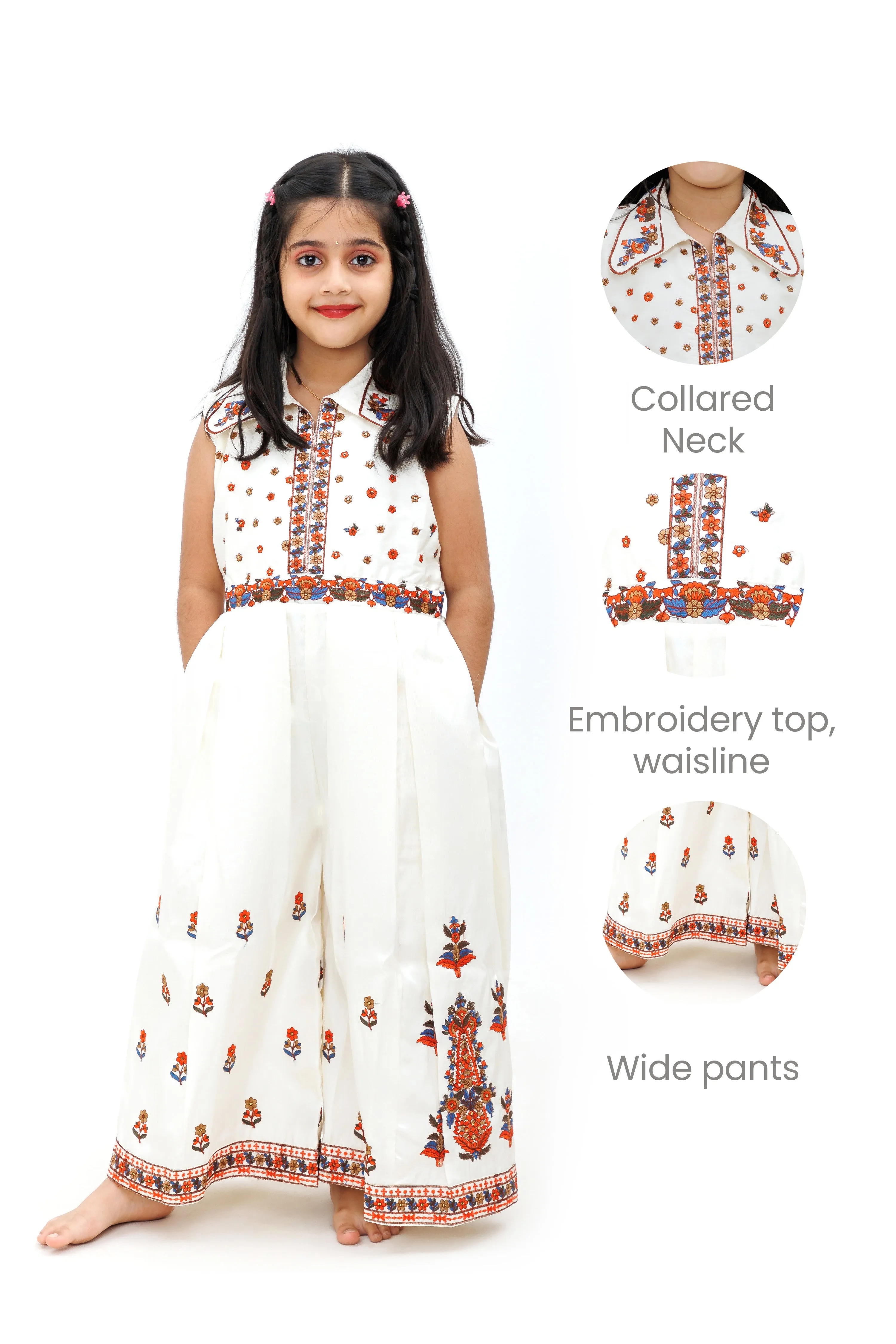 Cream Blend Silk Jumpsuit with Multicolor Embroidery