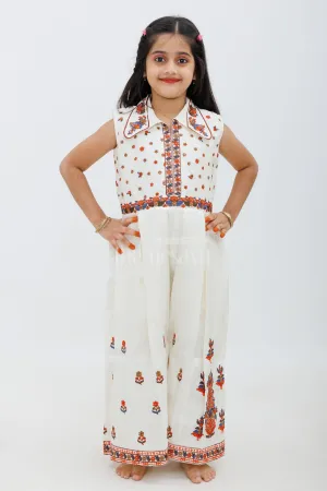 Cream Blend Silk Jumpsuit with Multicolor Embroidery