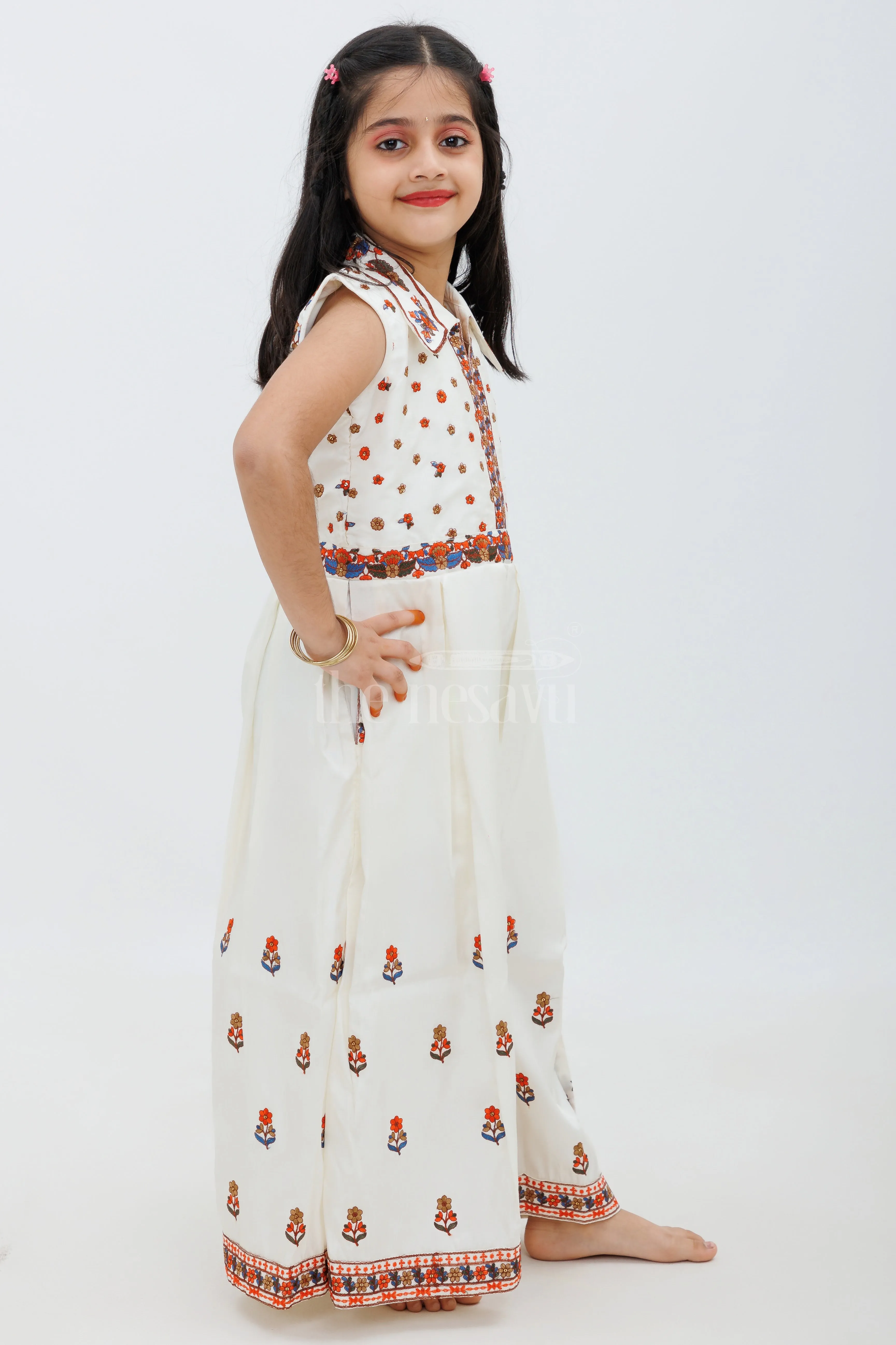 Cream Blend Silk Jumpsuit with Multicolor Embroidery