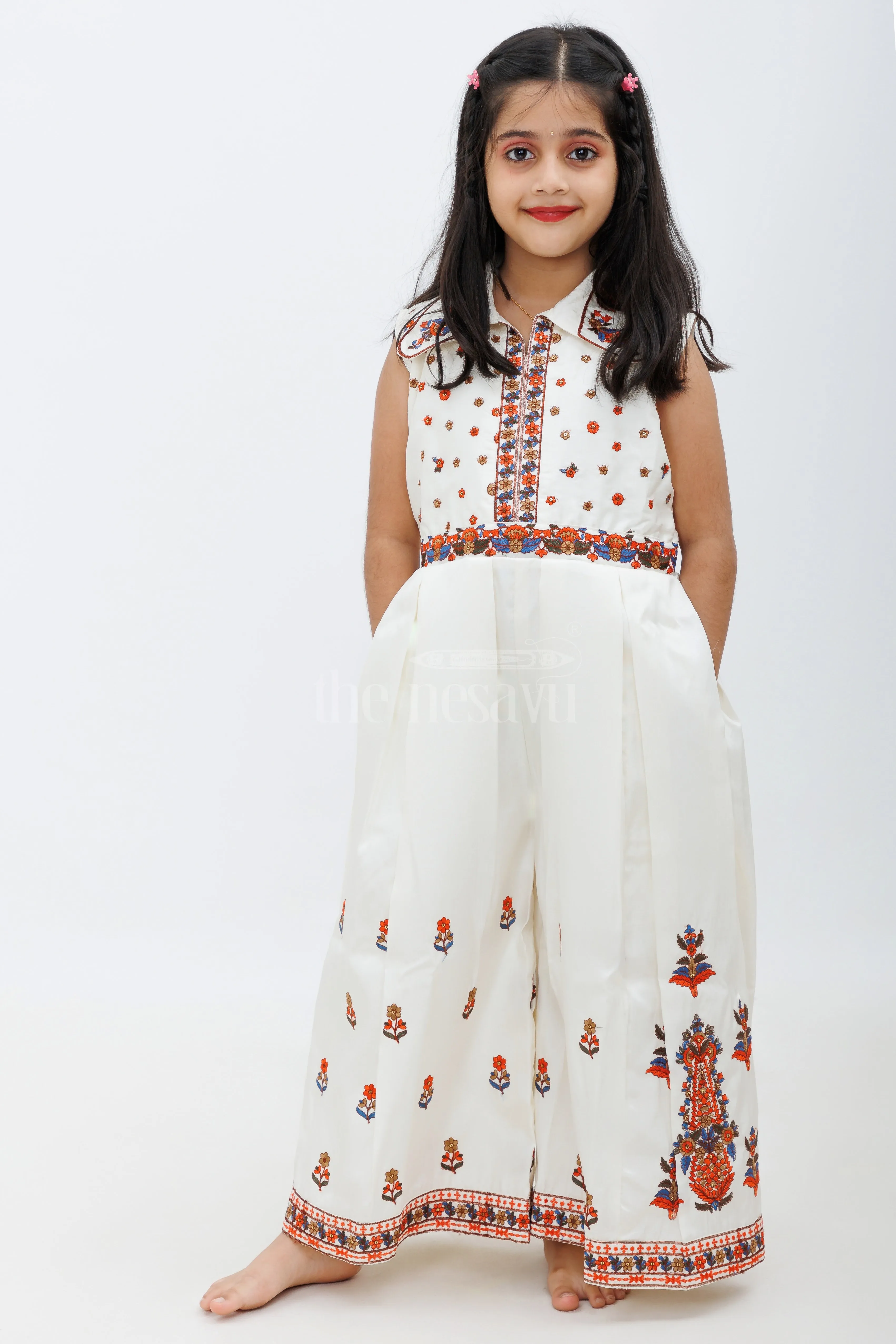 Cream Blend Silk Jumpsuit with Multicolor Embroidery