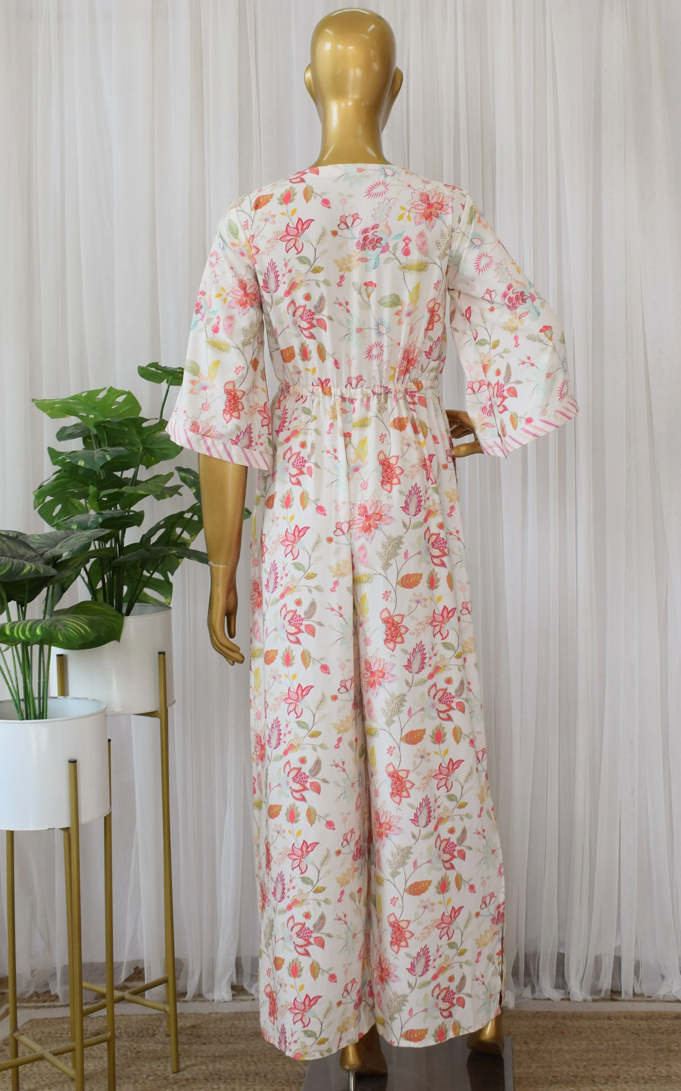Cream Floral Print Cotton Jumpsuit