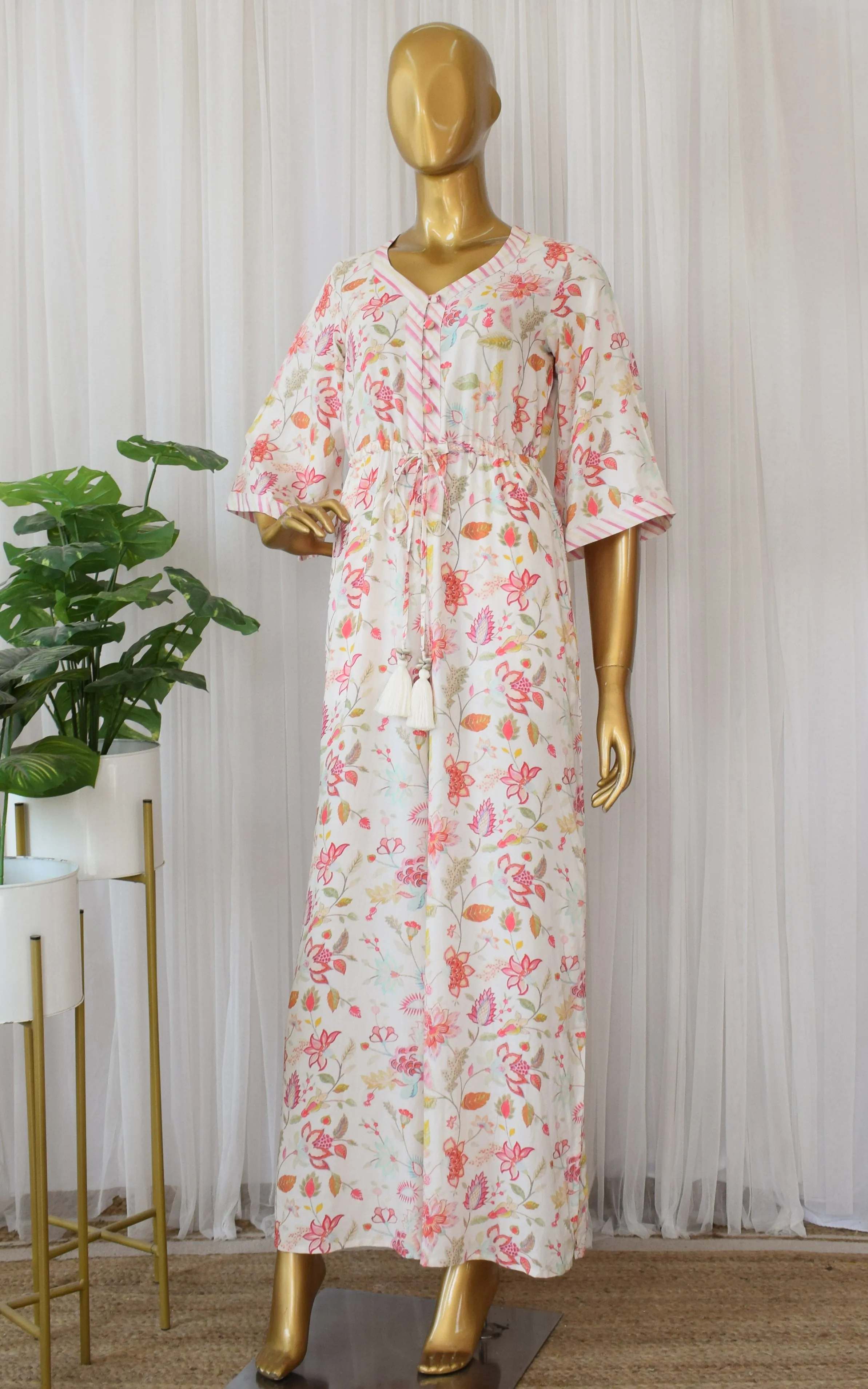Cream Floral Print Cotton Jumpsuit