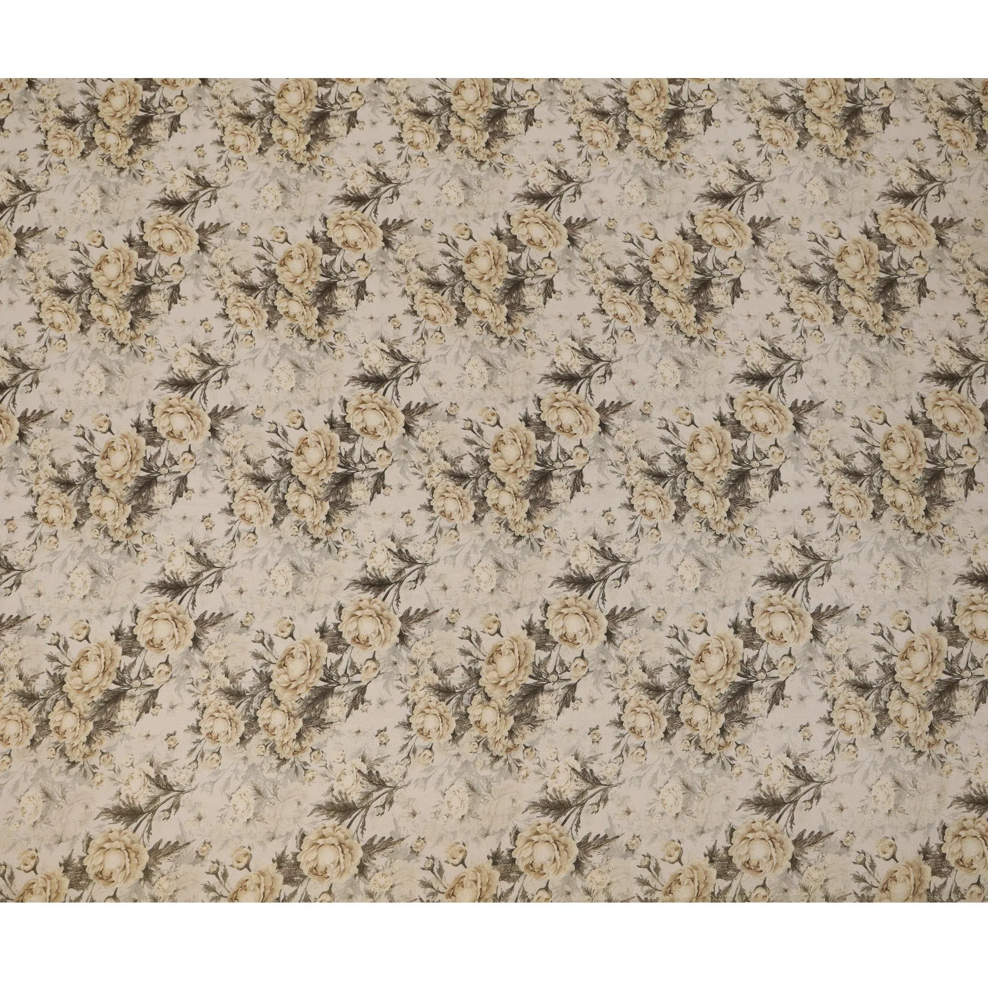 Cream Viscose Digital Printed Fabric with Metallic Finish and Floral Pattern, 110 cm Width-D21337
