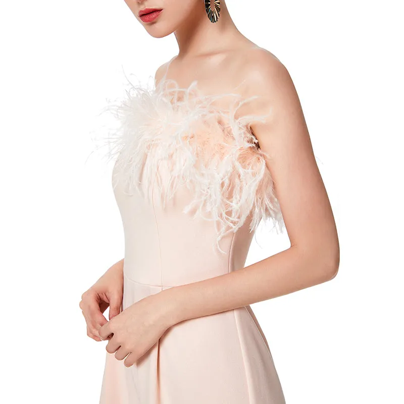 D041 Women solid crepe feather-trimmed off-shoulder party jumpsuit