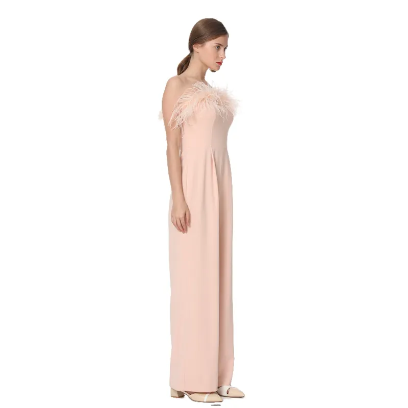 D041 Women solid crepe feather-trimmed off-shoulder party jumpsuit