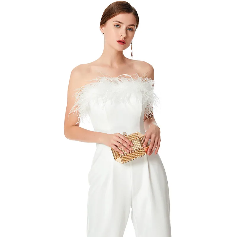 D041 Women solid crepe feather-trimmed off-shoulder party jumpsuit