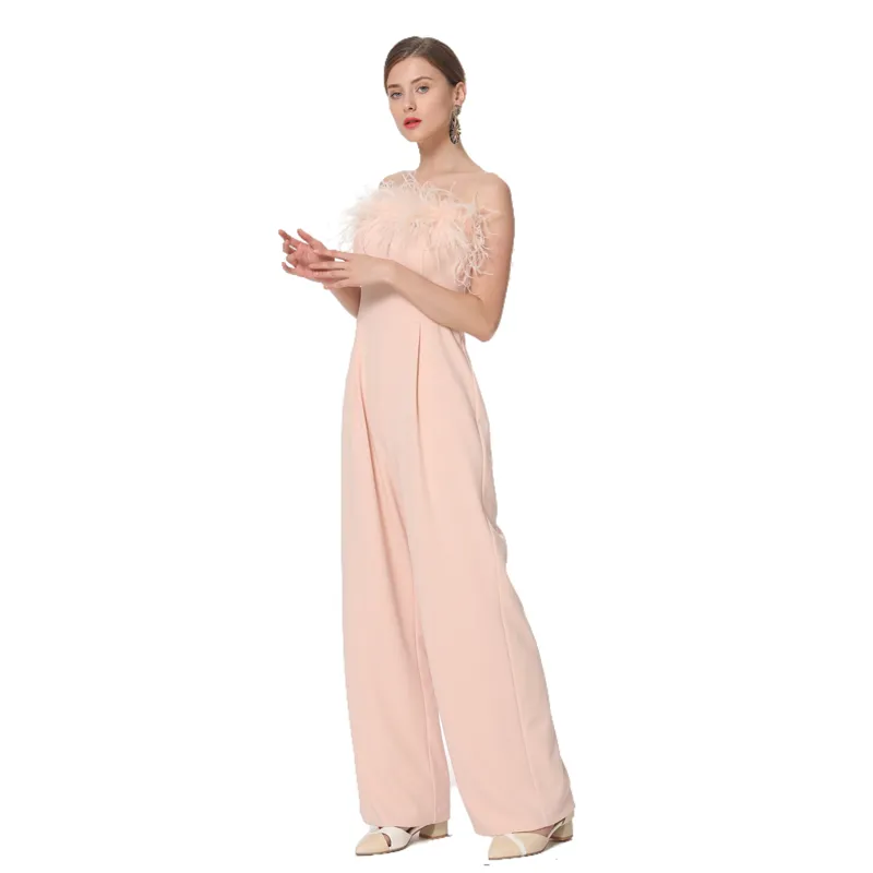D041 Women solid crepe feather-trimmed off-shoulder party jumpsuit