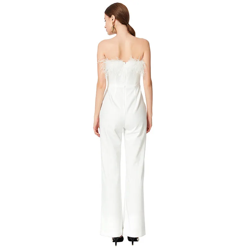 D041 Women solid crepe feather-trimmed off-shoulder party jumpsuit