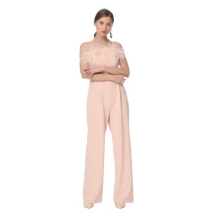 D041 Women solid crepe feather-trimmed off-shoulder party jumpsuit