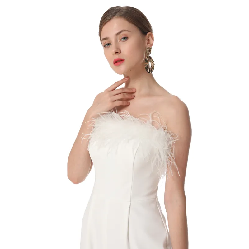 D041 Women solid crepe feather-trimmed off-shoulder party jumpsuit