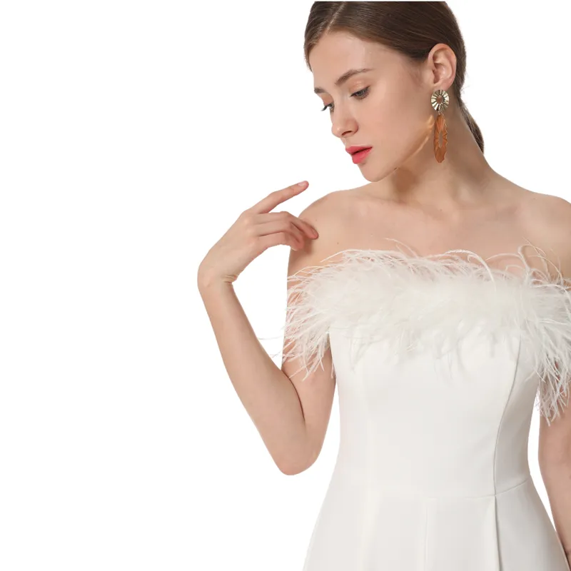 D041 Women solid crepe feather-trimmed off-shoulder party jumpsuit