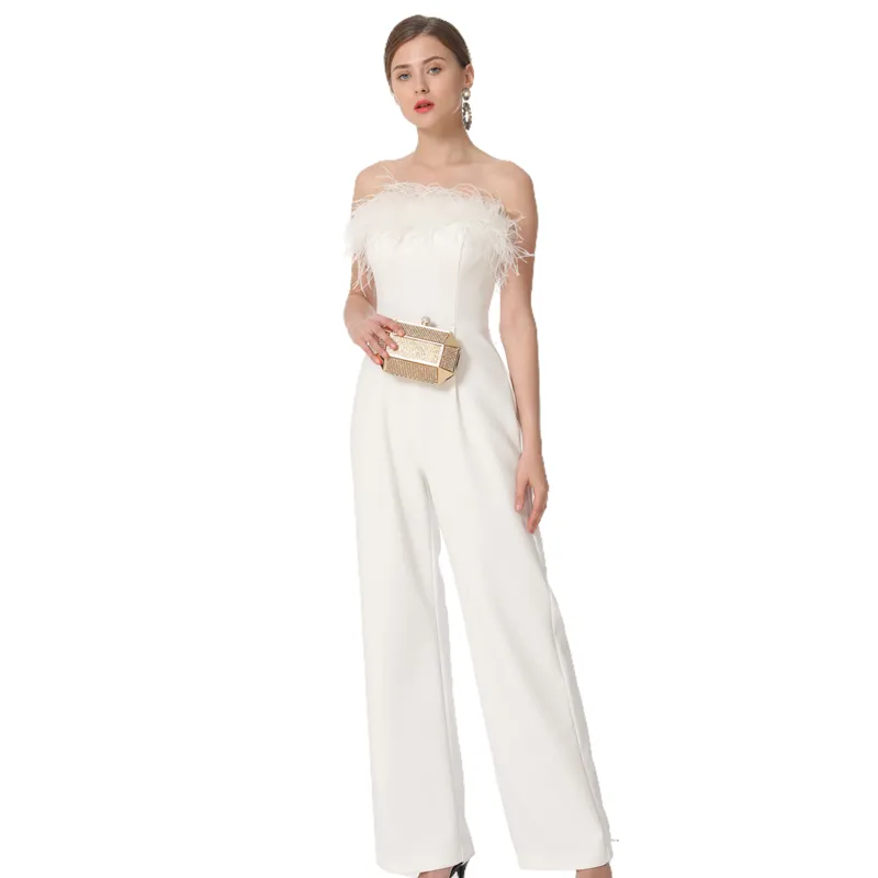D041 Women solid crepe feather-trimmed off-shoulder party jumpsuit