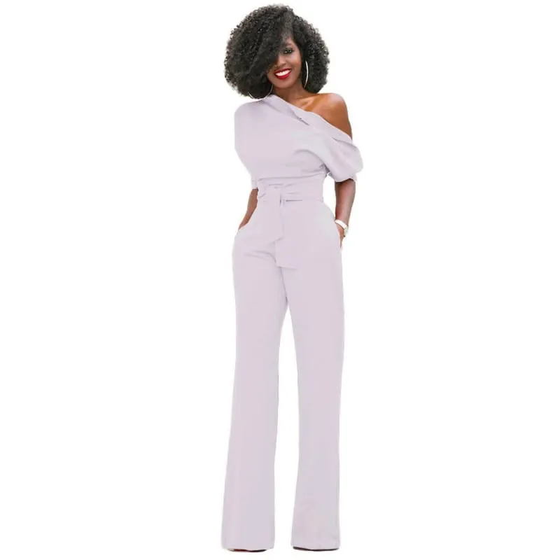 Dark Green Diagonal Collar Button Jumpsuit Wide Leg Pants