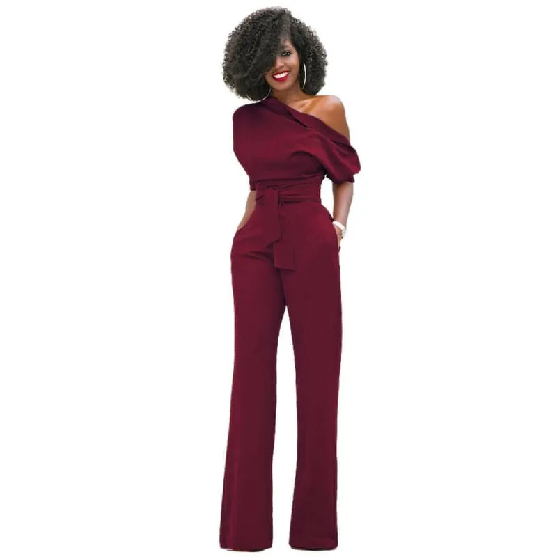 Dark Green Diagonal Collar Button Jumpsuit Wide Leg Pants