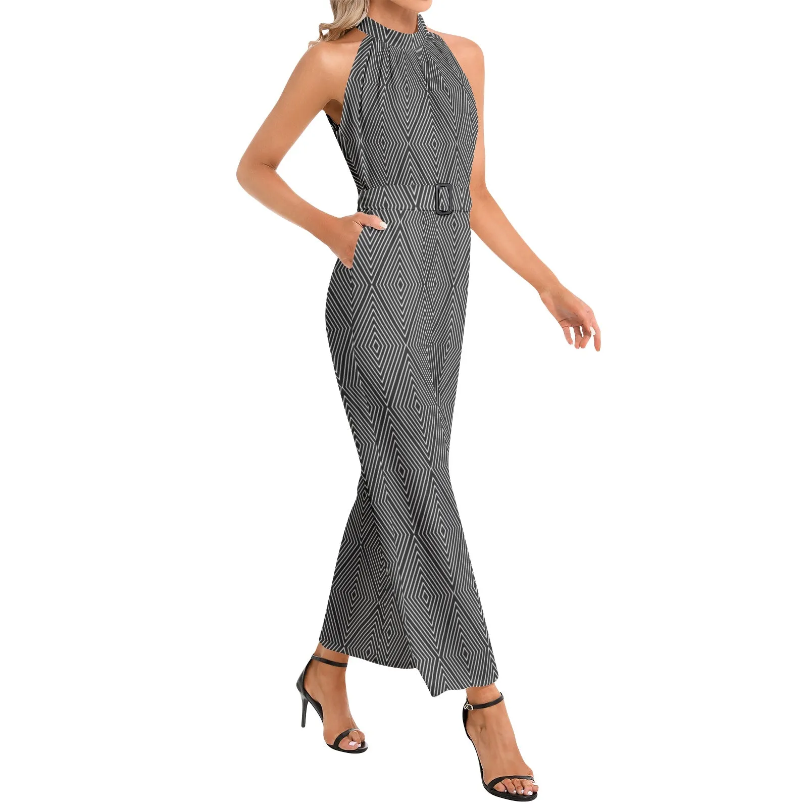 Diamond Life Halter Neck Buckle Belted Jumpsuit