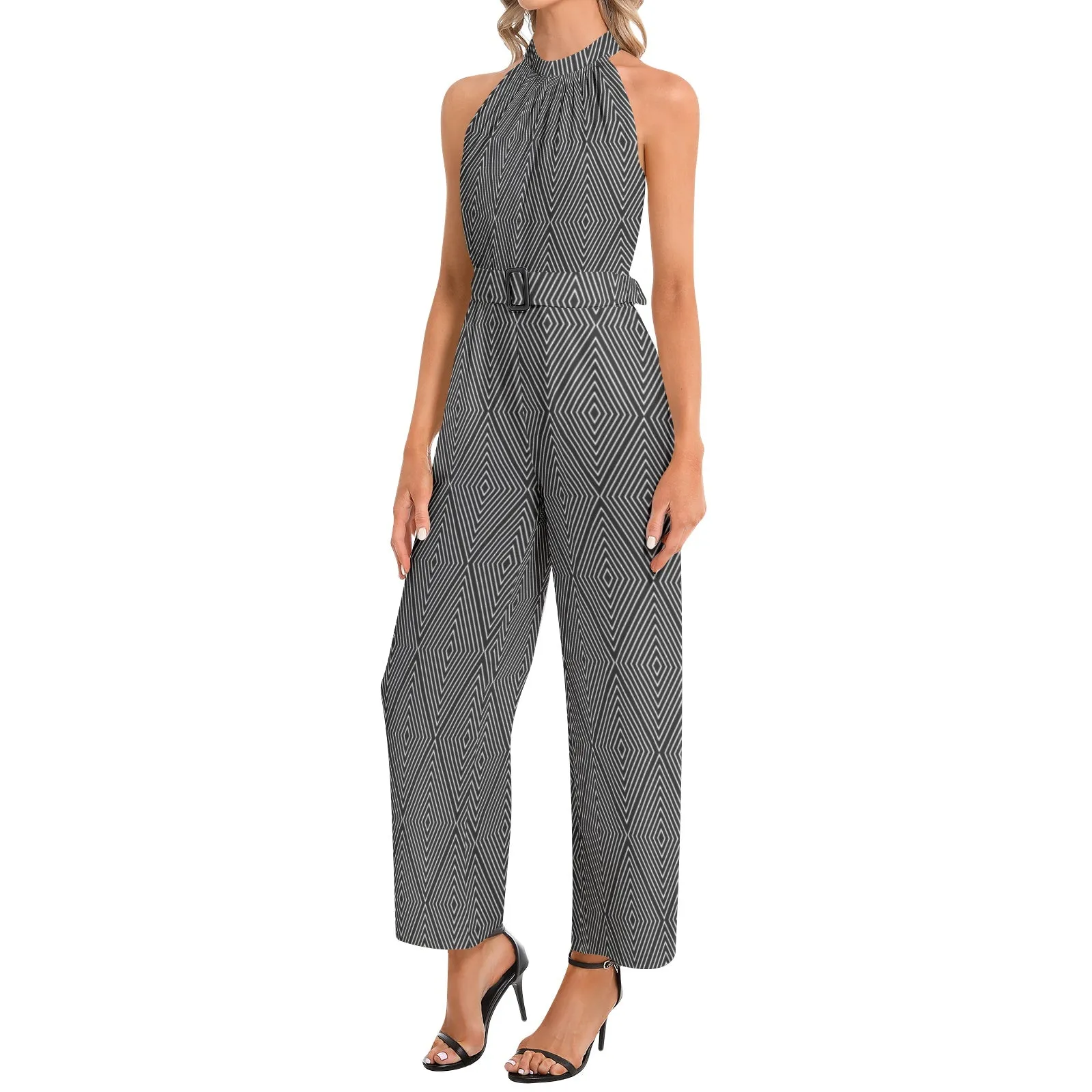 Diamond Life Halter Neck Buckle Belted Jumpsuit