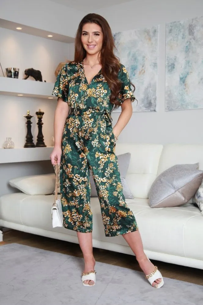 Double Second Green Floral Wrap Front Satin Jumpsuit