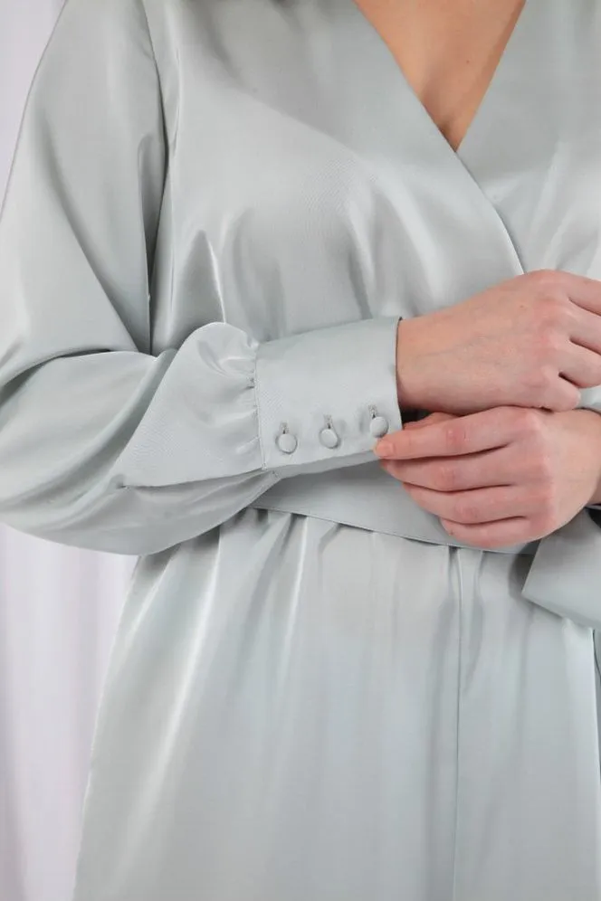 Double Second Sage Lux Satin Wrap Jumpsuit