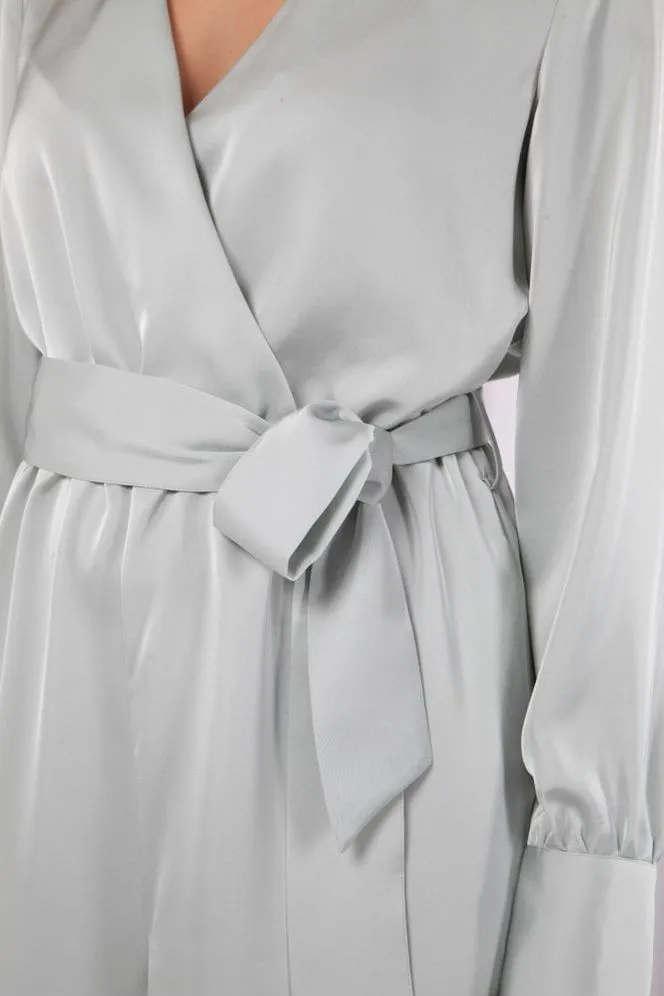 Double Second Sage Lux Satin Wrap Jumpsuit