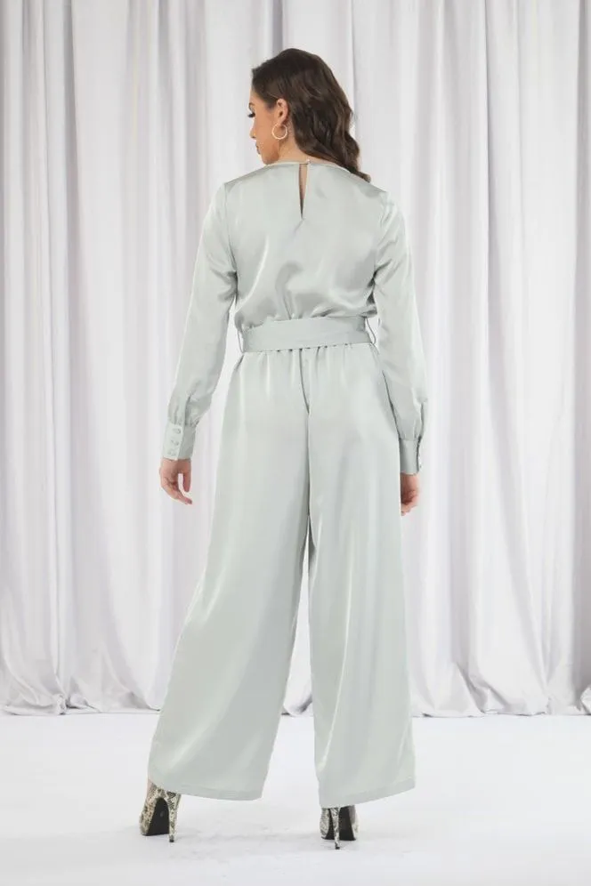 Double Second Sage Lux Satin Wrap Jumpsuit