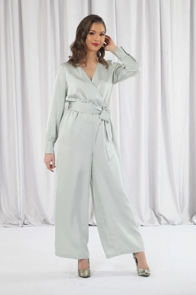 Double Second Sage Lux Satin Wrap Jumpsuit