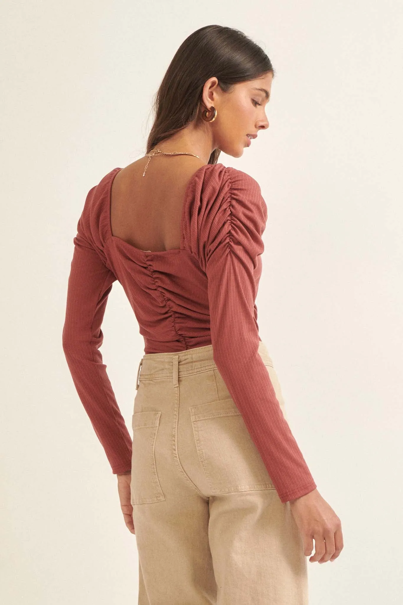 Fairytale Ending Ruched Gigot-Sleeve Bodysuit