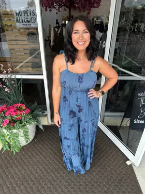 FINAL SALE ANGIE - Blue Print Tiered Wide Leg Jumpsuit
