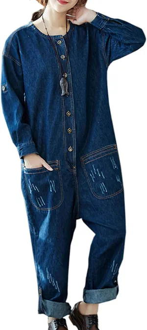 Flygo Women's One Piece Long Sleeve Denim Jean Jumpsuits Rompers Long Overalls