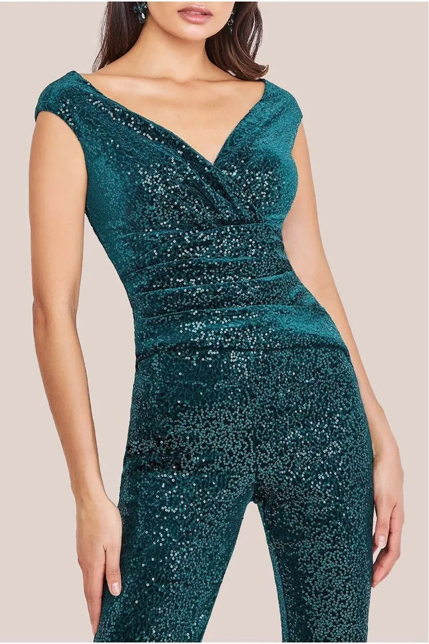 Goddiva Sequin Velvet Bardot Jumpsuit - Emerald Green