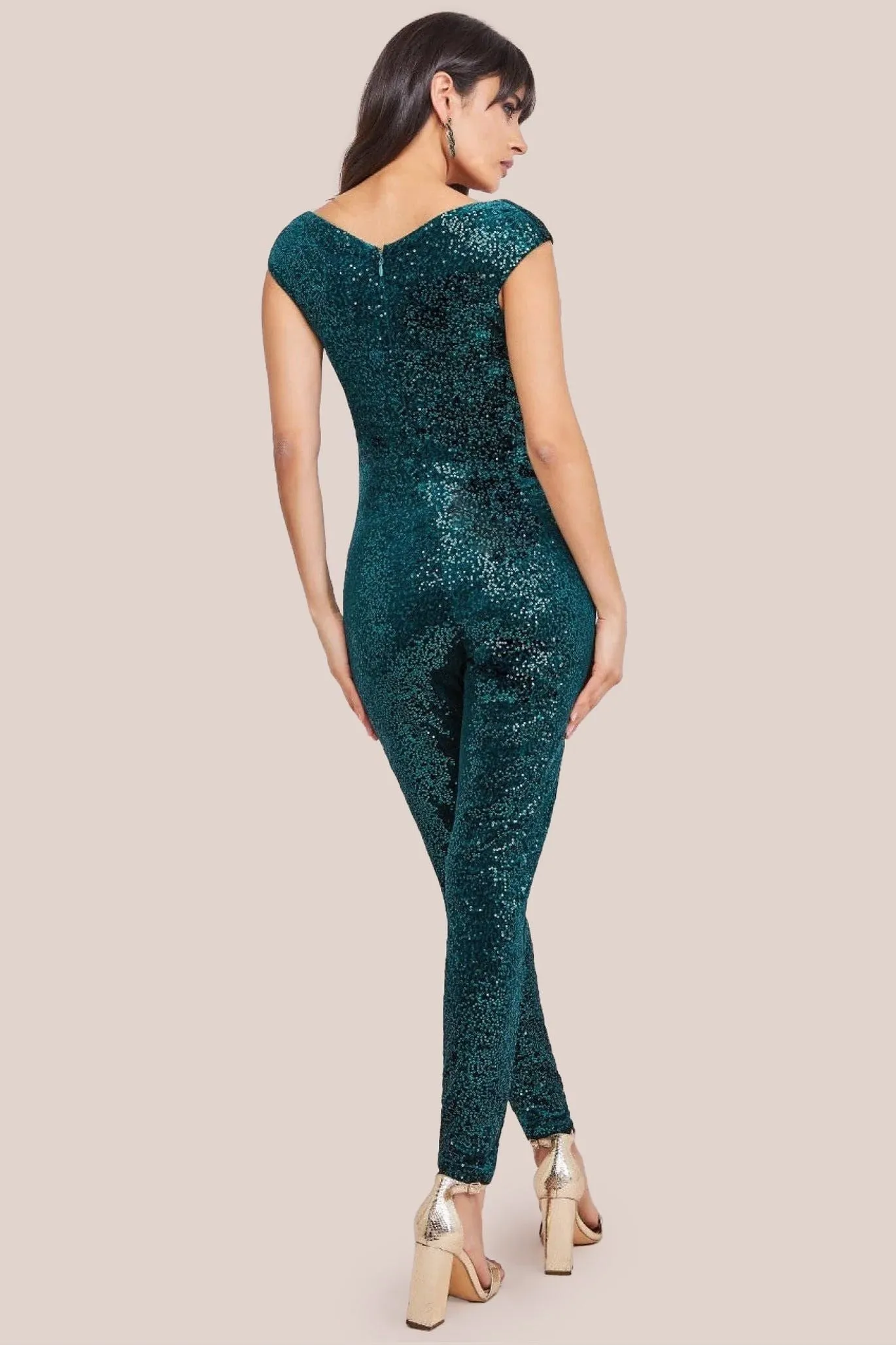 Goddiva Sequin Velvet Bardot Jumpsuit - Emerald Green