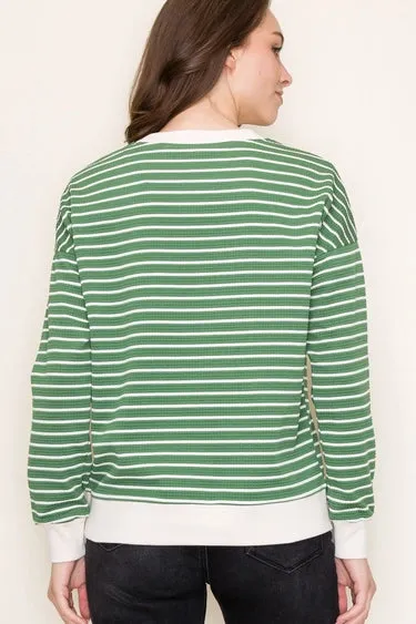 Green Color Contrasted Bands Texture Striped Long Sleeve Pullover