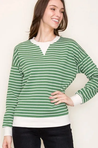 Green Color Contrasted Bands Texture Striped Long Sleeve Pullover