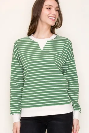 Green Color Contrasted Bands Texture Striped Long Sleeve Pullover