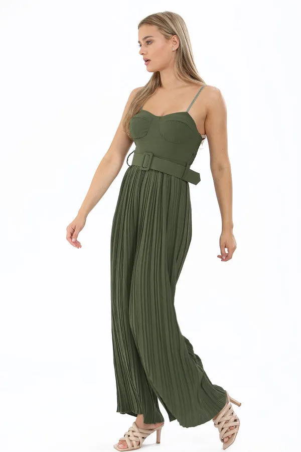 Green Khaki Pleated Flare Wide Leg Corset Jumpsuit