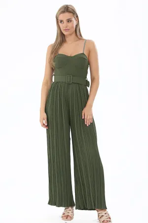 Green Khaki Pleated Flare Wide Leg Corset Jumpsuit