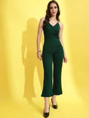 Green Solid V-Neck Sleeveless Jumpsuit
