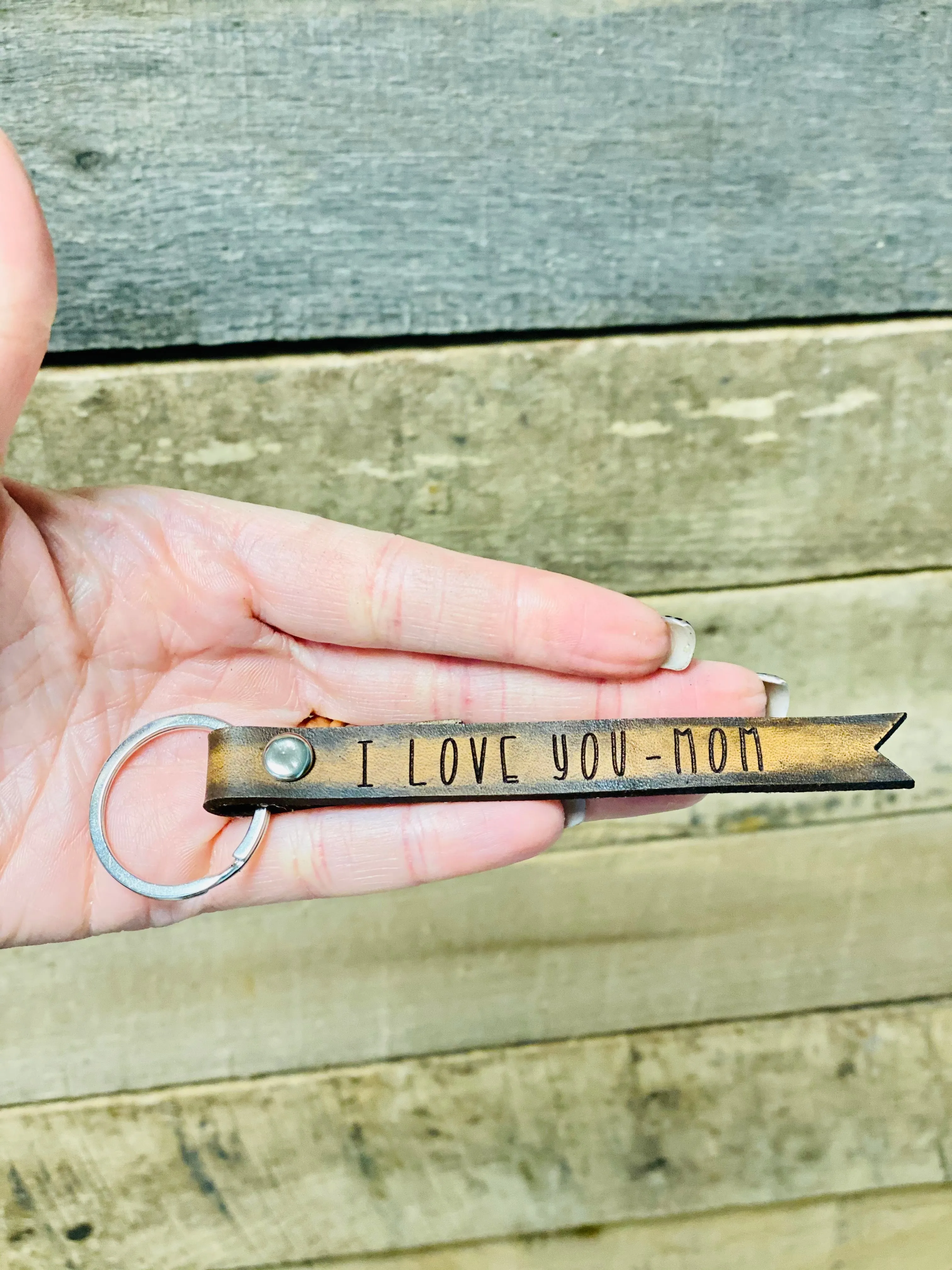I Love You Mom Key Chain. Veg Tan Leather.