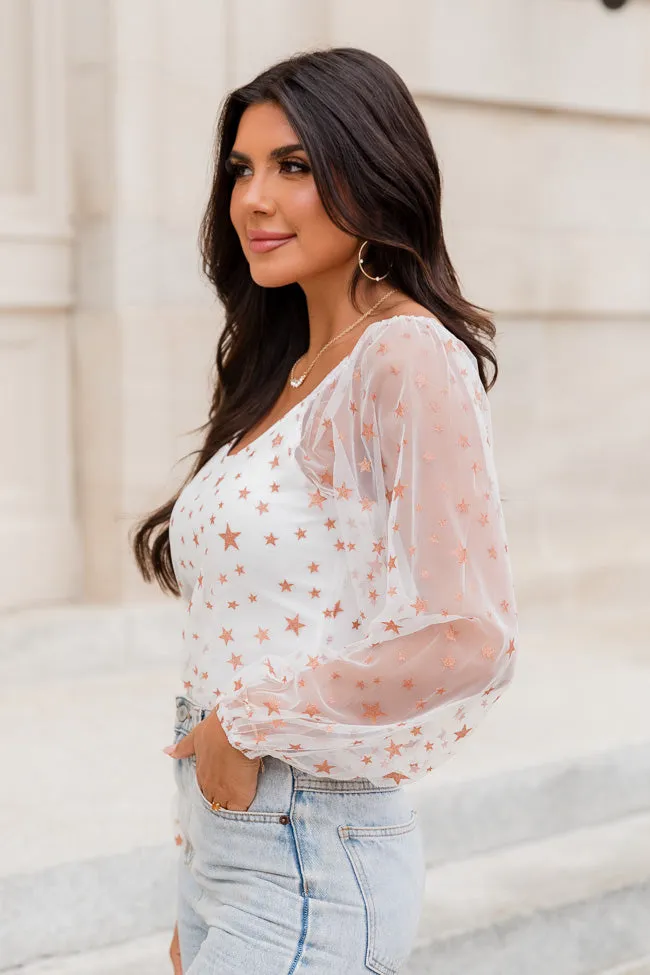 It's My Turn Ivory Star Print Mesh Sleeve Bodysuit FINAL SALE