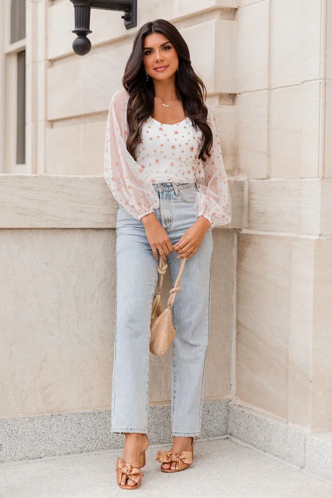It's My Turn Ivory Star Print Mesh Sleeve Bodysuit FINAL SALE