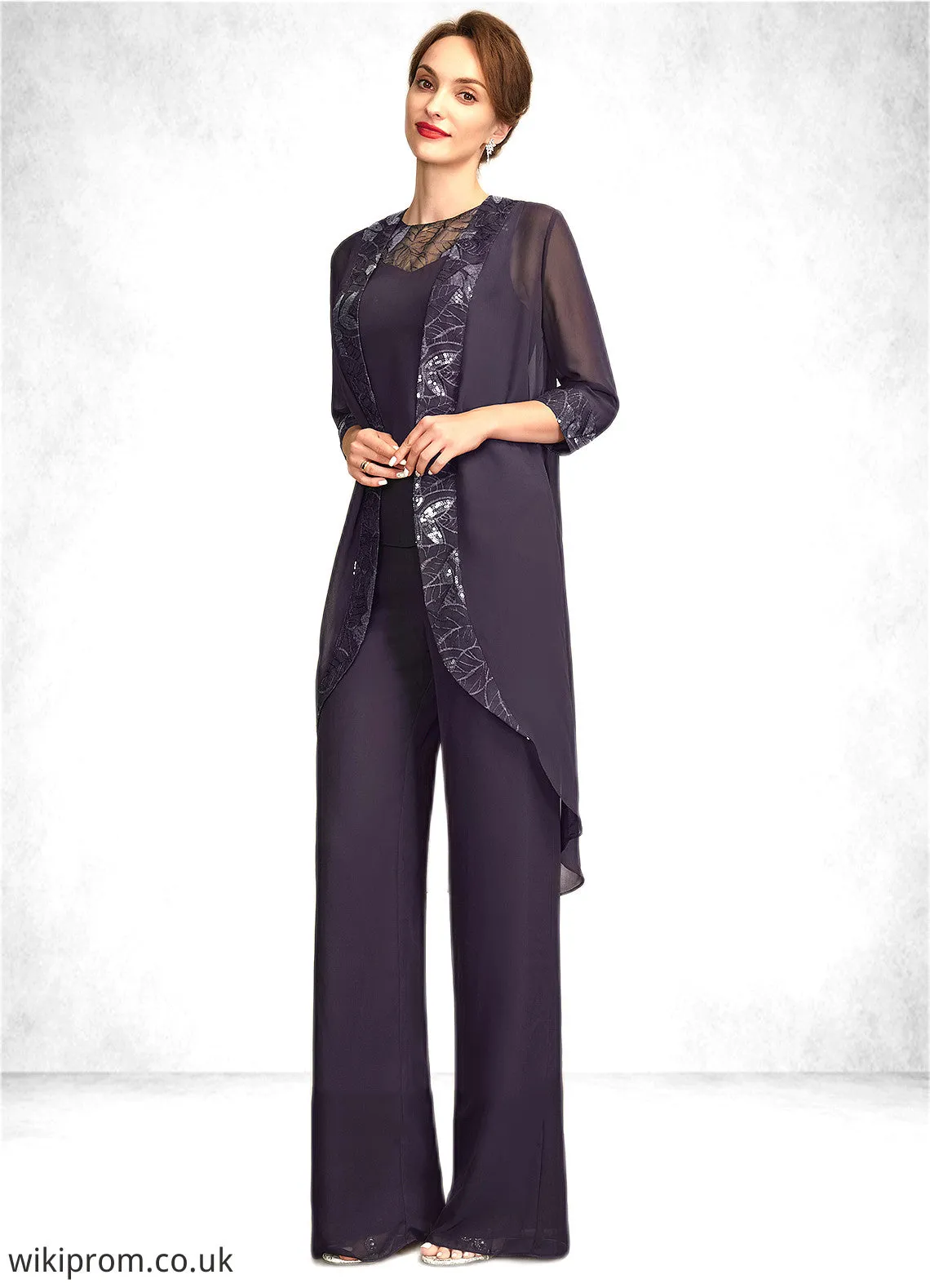 Janice Jumpsuit/Pantsuit Scoop Neck Floor-Length Chiffon Lace Mother of the Bride Dress With Sequins SWK126P0015010