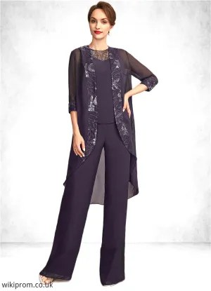 Janice Jumpsuit/Pantsuit Scoop Neck Floor-Length Chiffon Lace Mother of the Bride Dress With Sequins SWK126P0015010