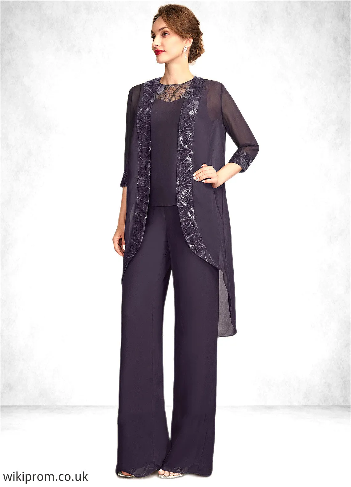 Janice Jumpsuit/Pantsuit Scoop Neck Floor-Length Chiffon Lace Mother of the Bride Dress With Sequins SWK126P0015010
