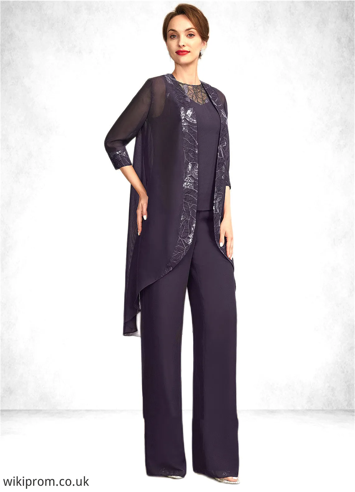 Janice Jumpsuit/Pantsuit Scoop Neck Floor-Length Chiffon Lace Mother of the Bride Dress With Sequins SWK126P0015010