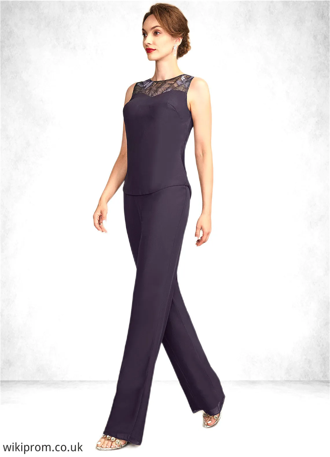 Janice Jumpsuit/Pantsuit Scoop Neck Floor-Length Chiffon Lace Mother of the Bride Dress With Sequins SWK126P0015010